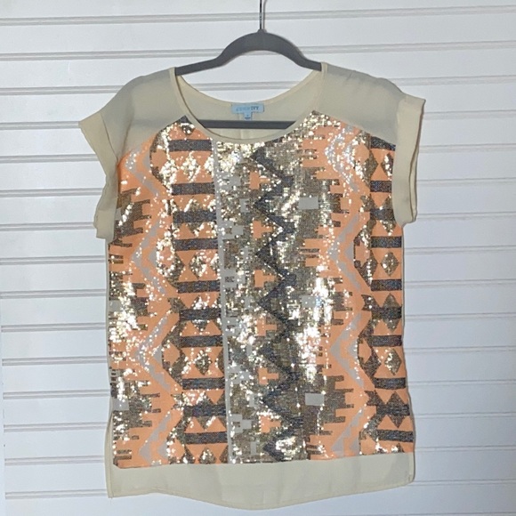 Jun & Ivy Short Sleeve Aztec Sequin Top - Picture 1 of 4